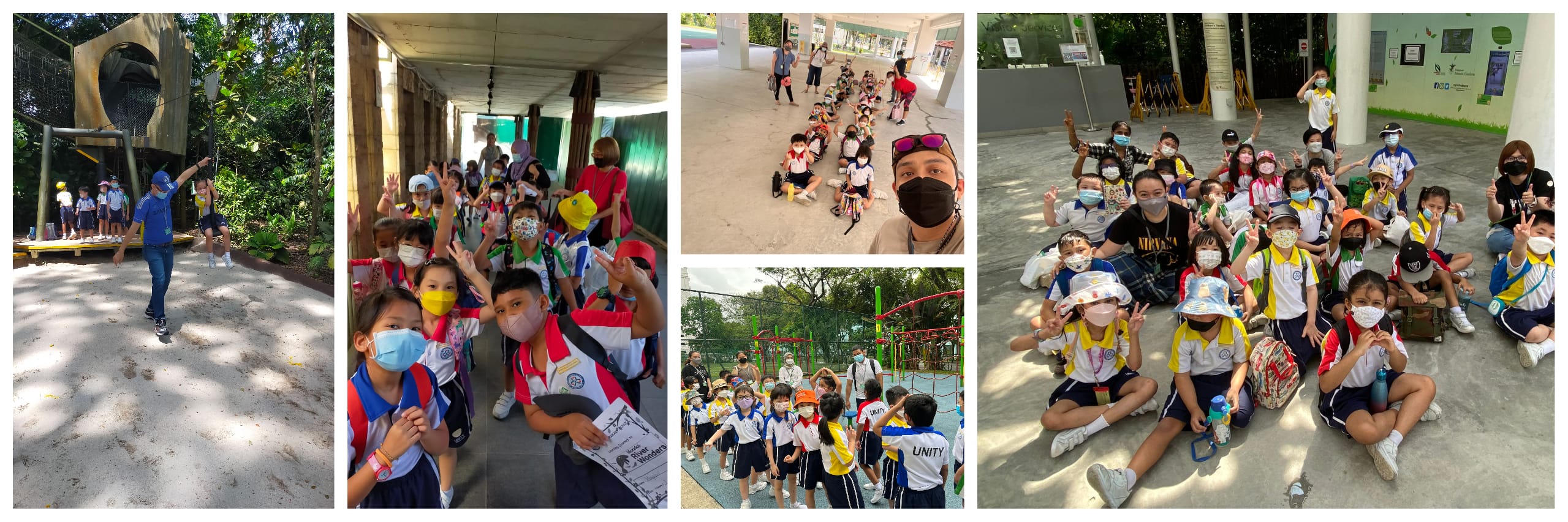 Young students wearing masks on a school field trip, posing with teachers outdoors in various group photos.